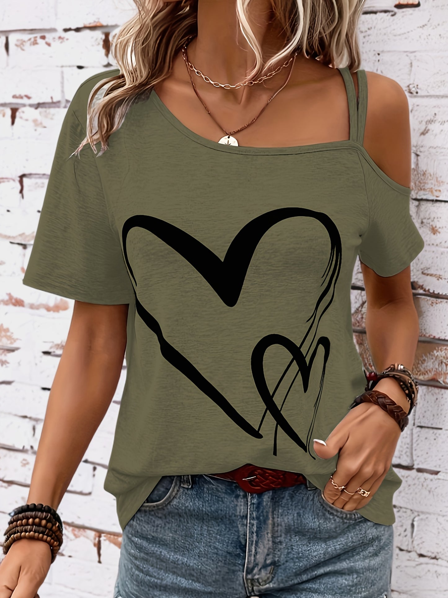 Elegant One Shoulder T-shirt med hjerteprint