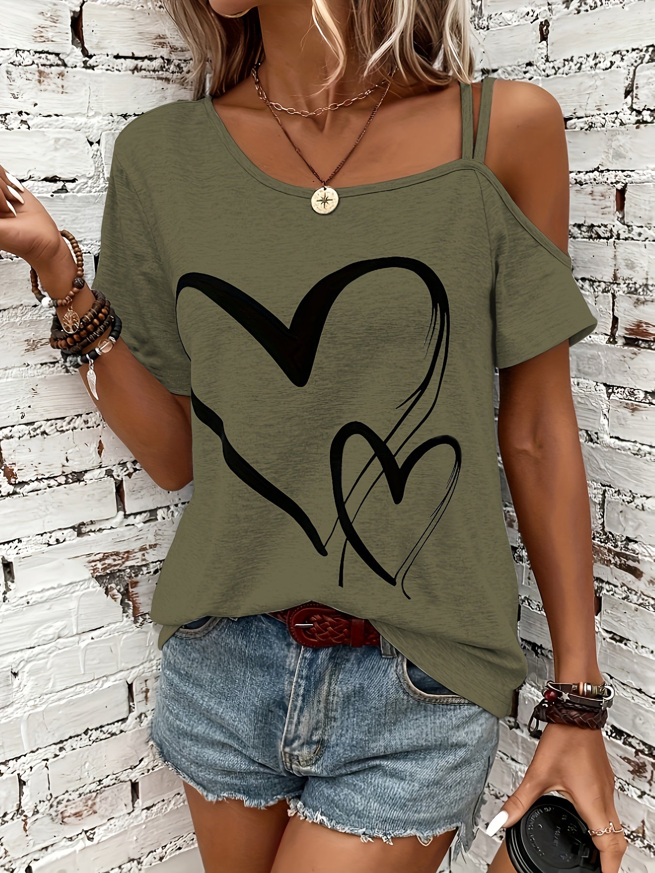 Elegant One Shoulder T-shirt med hjerteprint