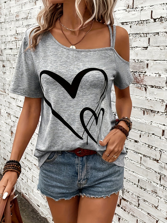 Elegant One Shoulder T-shirt med hjerteprint