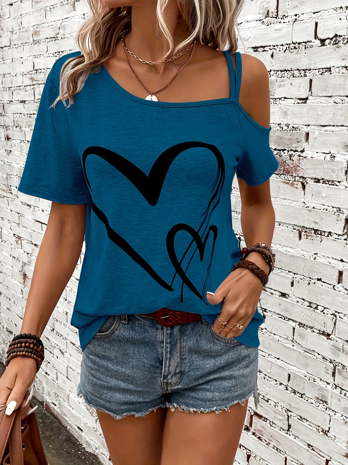 Elegant One Shoulder T-shirt med hjerteprint