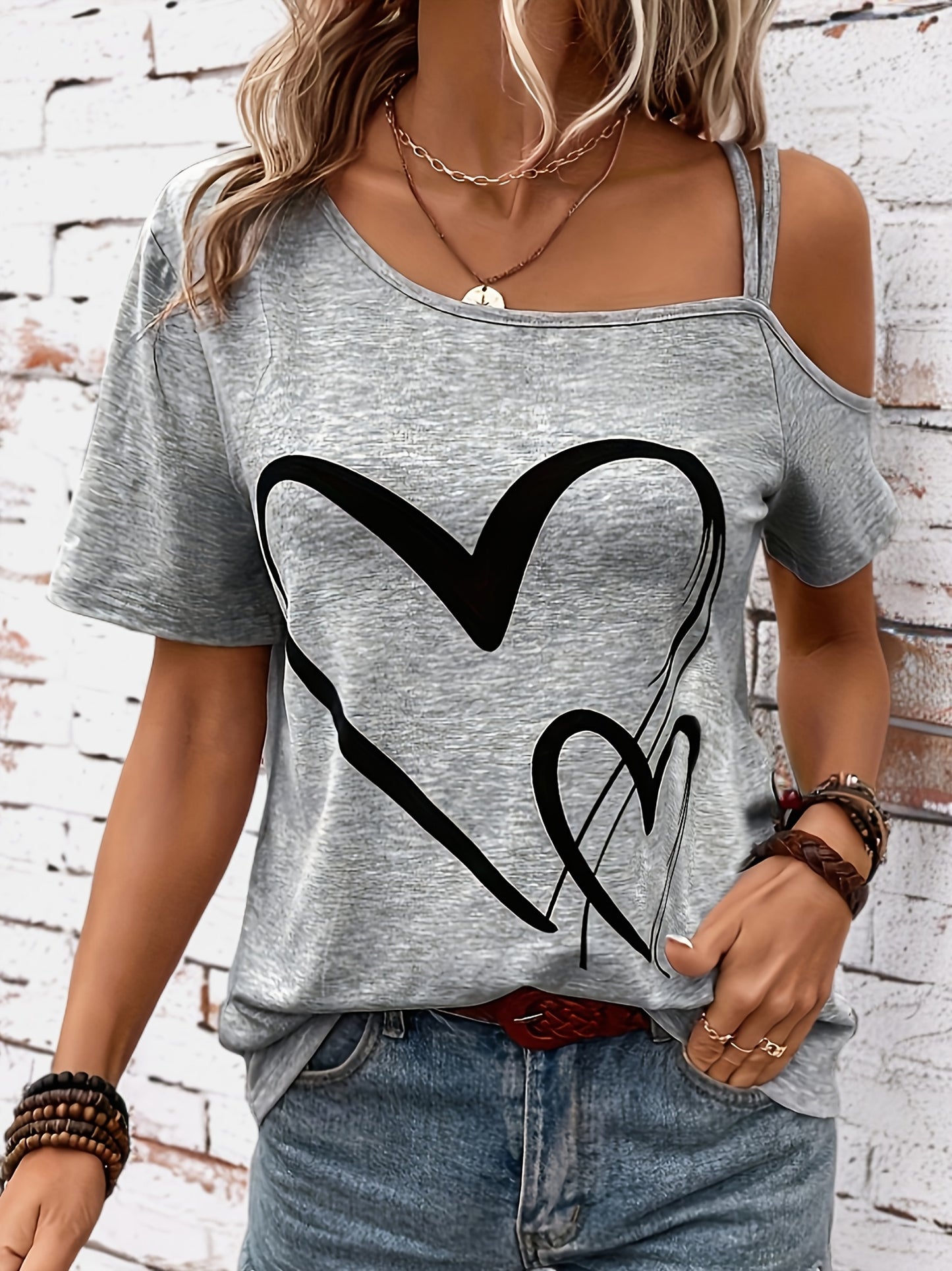 Elegant One Shoulder T-shirt med hjerteprint