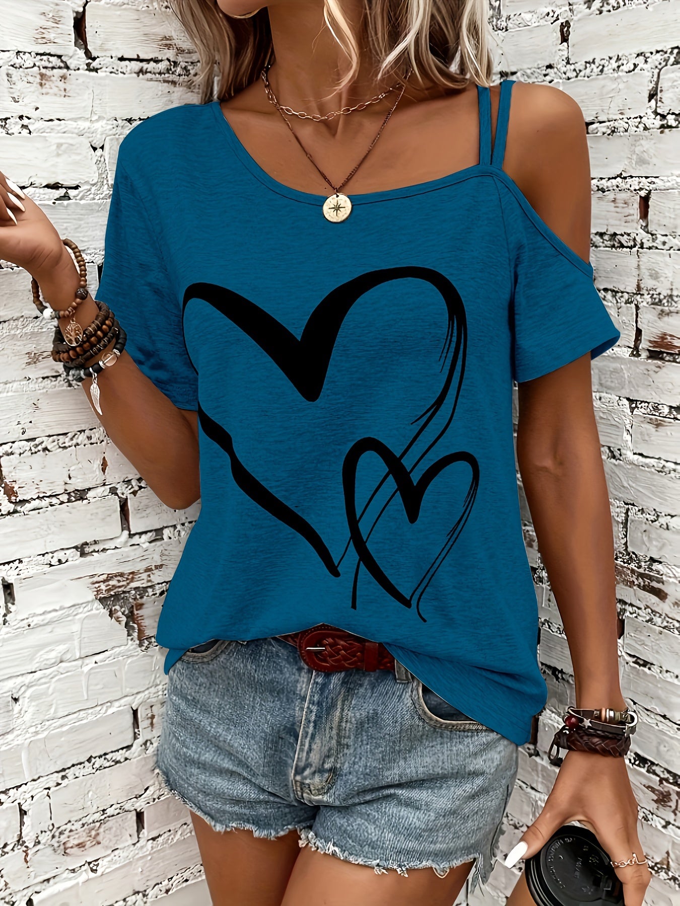 Elegant One Shoulder T-shirt med hjerteprint